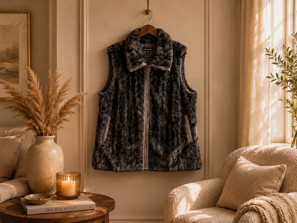 Catherine Malandrino Faux Fur Vest Gray Plush Zip Front Pockets NWT Plus Size 2X
